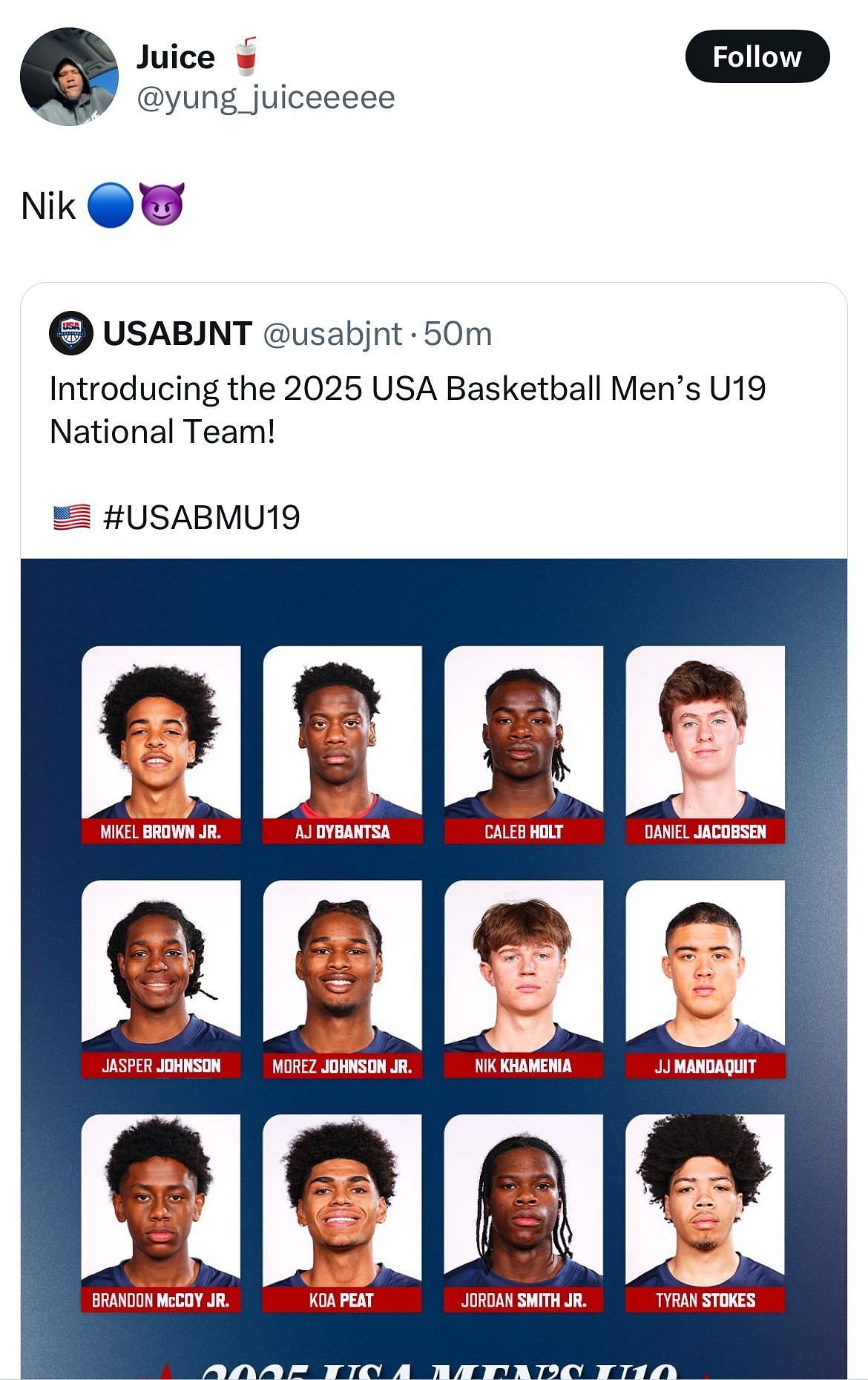 A reply hypes up Duke commit Nik Khamenia